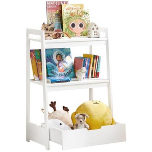 KMB31-W Kinder Spielzeugregal Kinderregal mit 2 Ablagen und Einer Schublade Bücherregal Spielzeugtruhe Spielzeugkiste Aufbewahrungsregal für Kinder Weiß