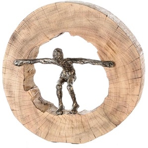 Dekofigur CASABLANCA BY GILDE Skulptur Jumping Dekofiguren Gr. B/H/T: 29 cm x 29 cm x 6 cm, braun (bronzefarben) Figuren Skulpturen Dekoobjekt, Höhe 29 cm, aus Metall und Holz-Baumscheibe, Wohnzimmer