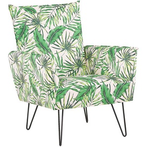Sessel Grün / Weiß Polsterbezug Kiefernholz Sperrholz mit Blattmuster mit Armlehnen schwarze Füße Wohnzimmer Schlafzimmer Retro Stil