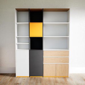 Aktenregal Weiß - Büroregal: Schubladen in Eiche & Türen in Eiche - Hochwertige Materialien - 154 x 195 x 34 cm, konfigurierbar