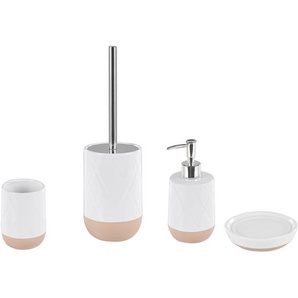 Badezimmer Set Weiß Beige Keramik 4-teilig Trinkglas Seifenschale Seifenspdender Toilettenbürste Badezimmer