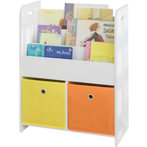 KMB27-W Kinder Bücherregal Kinderregal mit 3 Ablagefächern und 2 Stoffboxen Spielzeugregal Aufbewahrungsregal für Kinder Spielzeug-Organizer Weiß BHT ca.: 58x76x27cm
