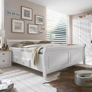 Maison Belfort Massivholz-Doppelbett Cenan 180x200 cm Kiefer Massivholz Weiß gebeizt mit Bettkasten