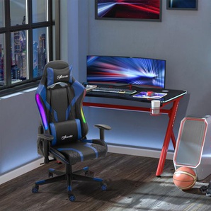 Vinsetto Bürostuhl LED Gaming Stuhl mit Armlehne, hoher Rückenlehne und Kissen ergonomischer Drehstuhl mit Liegefunktion Handlauf anhebbar Kunstleder Nylon Schwarz+Blau 70 x 57,5 x 126-136 cm