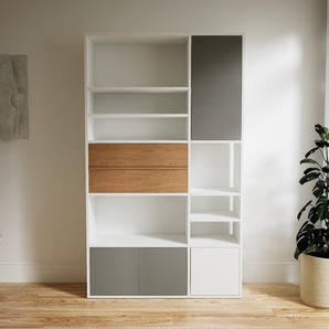 Schrankwand Grau - Moderne Wohnwand: Schubladen in Eiche & Türen in Grau - Hochwertige Materialien - 115 x 195 x 34 cm, Konfigurator