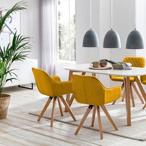Essgruppe 5-tlg. Tisch 180x90 aus MDF Weiß + 4 Stühle aus Eichenholz Textil Gelb