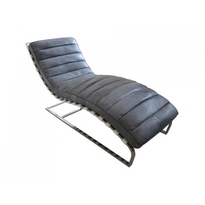 Klassisch-moderner Lounge Chair / Liegesessel, Vintage Design, Bezug Rindsleder, Gestell Edelstahl glänzend, Polsterung aus Schaumstoff, H 82 cm, B 59 cm, T 140 cm, in 4 verschiedenen Farben  grau
