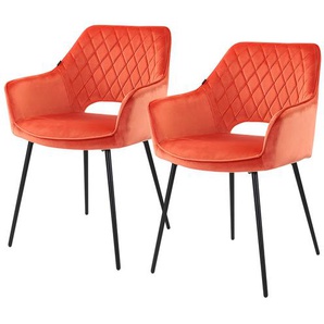 Esszimmerstuhl MERIVA - Polsterstuhl 2er-Set in Orange - weich gepolstert - mit Veloursbezug und schwarzen Metallbeinen