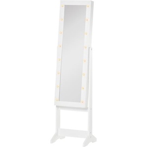 HOMCOM LED Schmuckschrank mit Spiegel Spiegelschrank Standspiegel Schmuckregal Spiegel verstellbar Weiß 136 cm hoch
