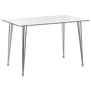 Esstisch Transparent Tischplatte Rechteckig aus Sicherheitsglas 120 x 70 cm Hair Pin Beine aus Eisen in Silber 3 Streben Schutzkappen Modern