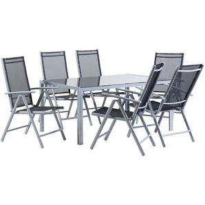 Gartenmöbel Set Schwarz/Silber 6-Sitzer aus Aluminium und Glas Tisch, 6 Stühle mit verstellbaren Rückenlehnen klappbar Garten Terrasse Modern