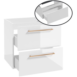 Badezimmer Unterschrank mit 2 Schubladen, 60 cm breit, in weiß Hochglanz mit Metallgriff in kupfer MESSINA-107, B/H/T: ca. 60/60/45 cm