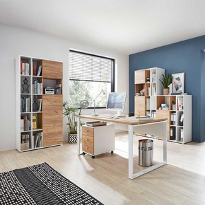 Büromöbel Komplettset in Weiß und Wildeiche Dekor Made in Germany (fünfteilig)