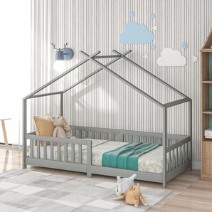 Kinderbett Hausbett (90 x 200 cm Holzbett) mit Rausfallschutz und Lattenrost Für Kinder- und Jugendzimmer geeignet Grau