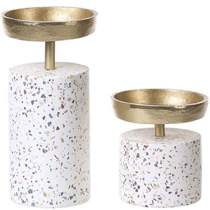 Kerzenständer 2er Set Gold / Weiß Aluminium Rund Terrazzo Optik Glamour Design Handgefertigt Tischdeko Accessoire Deko Haushalt & Wohnen