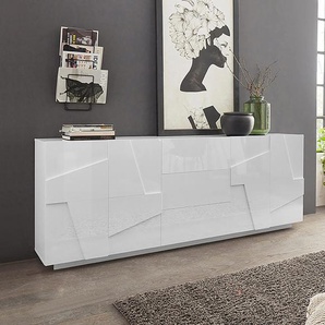 Dmora Modernes Sideboard mit 4 Türen und 3 Schubladen, Made in Italy, Küchensideboard mit Detail, Design-Wohnbuffet, 224x44h86 cm, glänzend weiße Farbe
