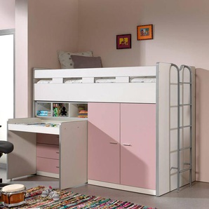 Hochbett BONNY-12 mit Schreibtisch und Stauraum - Liegefläche 90x200cm - weiß & rosa - Stellmaß B/H/T: 227/150/95cm
