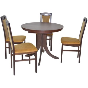 Tischgruppe 2410-4581, 5-tlg, Nussbaumbarben / Gelb, 1 Tisch, Rund Und 4 Stühle