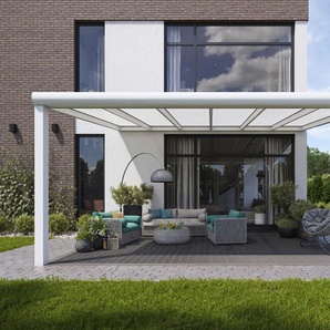 Terrassenüberdachung aus Aluminium in Matt Weiß in 600 x 300 cm mit Opal Polycarbonat mit LED Lampen