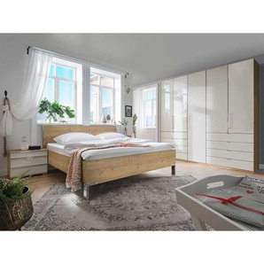 Schlafzimmer Set in Beige und Eiche Bianco glasbeschichtet (vierteilig)