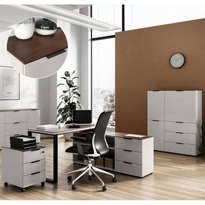 Büromöbel Set Winkelschreibtisch mit Container und Highboard CHOLET-01 Kaschmir beige mit Nussbaum Nb.
