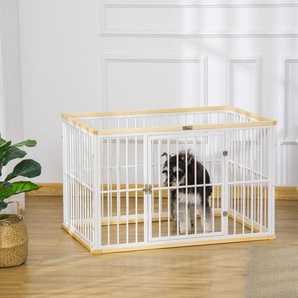 PawHut Freigehege für Haustier für Hund Hundelaufstall Schutzgitter mit Tür Stahl Kiefernholz Weiß+Natur 93 x 61 x 59 cm