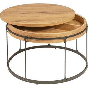Couchtisch VIERHAUS Tische , braun Couchtische rund oval Couchtisch, Platte wildeiche Massiv, Ablagefach mit ausdrehbarer Oberplatte, Unterteil Stahl schwarz