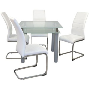Tischgruppe 8991-8618, 5-teilig, Alufarben / Chrom / Weiß, 1 Tisch & 4 Stühle
