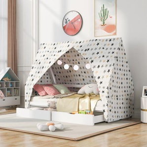 Kinderbett Hausbett (90 x 200 cm Holzbett) mit abnehmbarem Zelt und Fallschutz-Lattenrost, mit zwei Schubladen Weiß