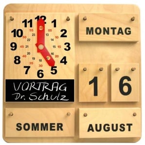 Kalender mit Uhr und Tafel aus Holz Termine ankündigen Dauerkalender