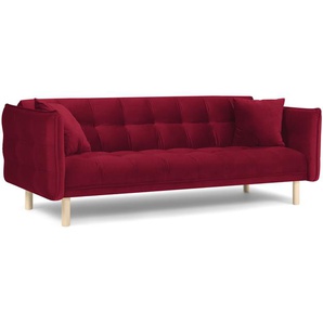 Samtiges Sofa mit Bettfunktion und Stauraum, Mulli, 3 Sitze, Rot, 225x105x85