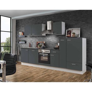Komplettküche White Graphit 300cm LIVERPOOL-87 inklusive E-Geräte, Geschirrspüler und Apothekerschrank 300cm