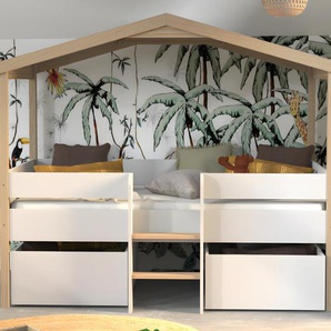 Kinderbett Hausbett mit Schubladen - Lindenholz - 90 x 190 cm - Weiß & Eichefarben - SAROSI
