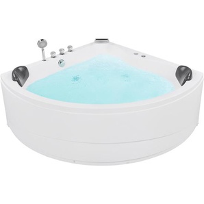 Whirlpool-Badewanne Weiß 140 x 140 cm LED mit 7 Farben Eckwanne Massagefunktion Sanitäracryl Dreieckig für 2 Personen Elegante Optik Modern