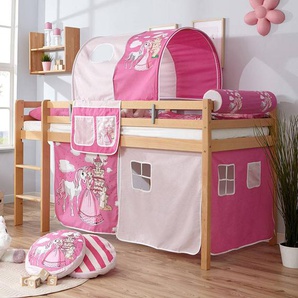 Prinzessinnen Bett aus Buche Massivholz Webstoff in Rosa und Pink