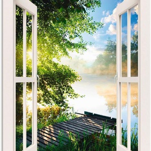 Artland Wandbild Fensterblick Angelsteg am Fluss, Fensterblick (1 St), als Alubild, Leinwandbild, Wandaufkleber oder Poster in versch. Größen