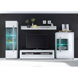Moderne Wohnwand COLORADO-61 in weiß Hochglanz inkl. LED mit Glaseinsätzen aus Grauglas BxHxT: 360x200x42cm