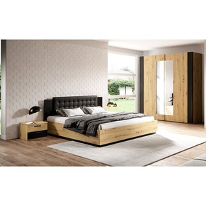 Bett mit Lattenrost, Liegefläche 180 x 200 cm und Kleiderschrank SOLMS-83 in Artisan Eiche Nb. mit schwarz