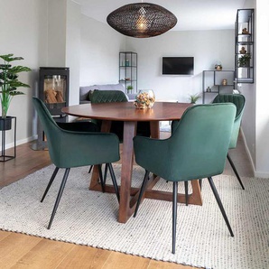 Esszimmergarnitur mit rundem Tisch in Walnussfarben Stühlen in Dunkelgrün (fünfteilig)