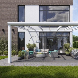 Terrassenüberdachung aus Aluminium in Matt Weiß in 400 x 300 cm mit Klarglas ohne Beleuchtung