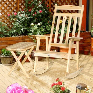 Outsunny Schaukelstuhl Holz mit Beistelltisch 2 tlg. Schaukelsessel Set Gartenstuhl mit Armlehnen hoher Rückenlehne outdoor Natur