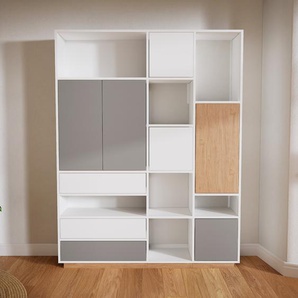 Aktenregal Weiß - Büroregal: Schubladen in Weiß & Türen in Grau - Hochwertige Materialien - 154 x 200 x 34 cm, konfigurierbar