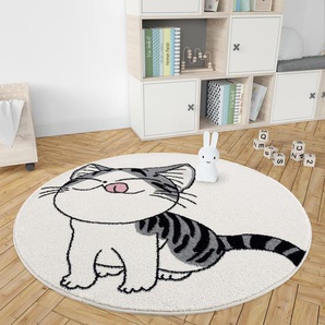 Teppich Rund Kinderzimmer - Creme 120x120cm - süße Katze Kurzflor – Spielteppich Kids für Mädchen und Jungen