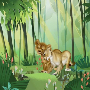 KOMAR Fototapete Lion King Love Tapeten Gr. B/L: 4 m x 2,8 m, Rollen: 1 St., grün (grün, gelb) Fototapeten Comic Tapeten