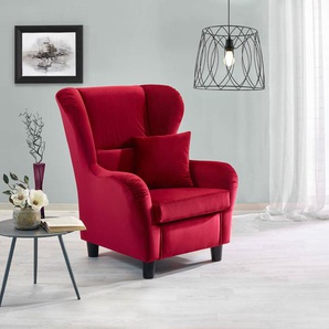 Sessel, Ohrensessel mit Zierkissen in rotem Samt bezogen, Füße schwarz, Maße : B/H/T ca. 90/98/76 cm