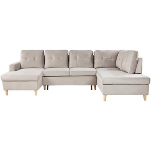 Sofa mit Schlaffunktion Beige Samtstoff U-Form Ecksofa mit Stauraum 4-Sitzer Schlafsofa für Wohnzimmer