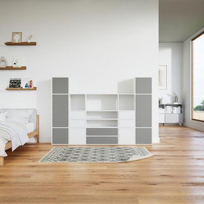 Schrankwand Grau - Moderne Wohnwand: Schubladen in Weiß & Türen in Grau - Hochwertige Materialien - 231 x 156 x 34 cm, Konfigurator