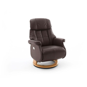 Relaxsessel-Komfort mit elektrischer Bedienung, in braunem Echtleder, Gestell natur, Maße: B/H/T ca. 82/84-111/86-162 cm