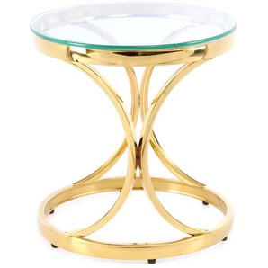 Glas Tisch mit runder Klarglasplatte Ringgestell in Goldfarben