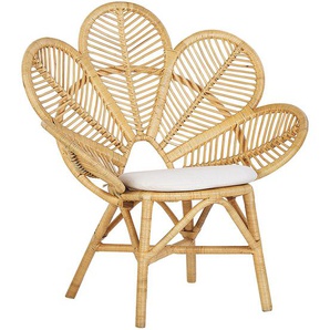 Stuhl Heller Holzfarbton Rattan / Metall Perfekt für Garten Modern cremeweißes Kissen